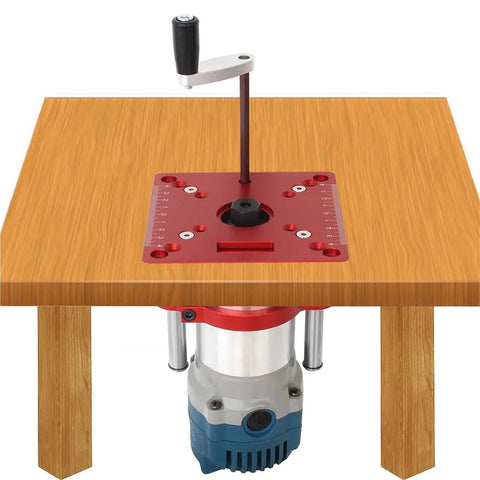 Rock Solid Precision Router Lift And Woodworking Table Insert Plate with height adjustment handle and 65mm collet fitting.