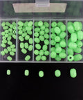 Glow In The Dark Soft Plastic Fishing Beads Set in case, 100 pcs green egg shaped for lures, hooks, tackle, deep water.