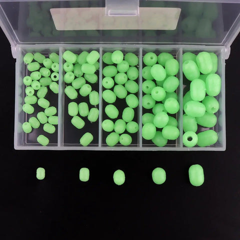 Glow In The Dark Soft Plastic Fishing Beads Set in case, 100 pcs green egg shaped for lures, hooks, tackle, deep water.