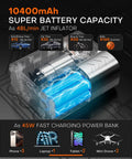 Portable Tire Inflator With App Control Three Times Faster Pump 160 PSI 48 LPM Electric Tire Pump 10400mAh Battery 45W Fast Charge product image showing internal battery and charging capabilities for multiple devices.