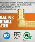 Image of a no lead brass 1/2 inch PEX 90 degree elbow fitting on certification display, ideal for potable water use. 100 Pack Half Inch PEX 90 Degree Elbow Fittings No Lead Brass NSF ANSI 61 Certified UPC Listed Pro Grade Plumbing Connectors For Home DIY And Pro Projects