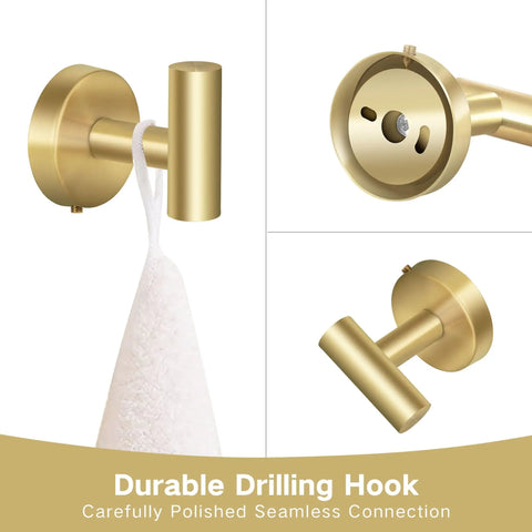 Brushed Gold 6 Piece Bath Accessory Set With 16 Inch Towel Bar, Toilet Paper Holder And 4 Hooks; close-up of durable gold hook