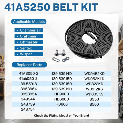 41A5250 Garage Door Opener Drive Belt Replacement Kit packaging with compatible models list and coiled belt