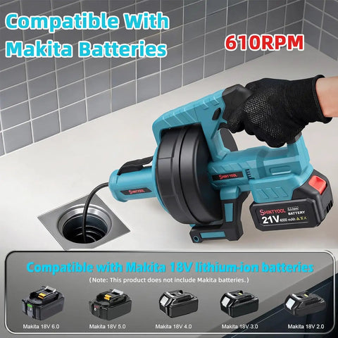Superb Cordless Drain Auger And Tough Pipe Snake Bundled With A Fast 21V Lithium Battery And Charger, compatible with Makita.