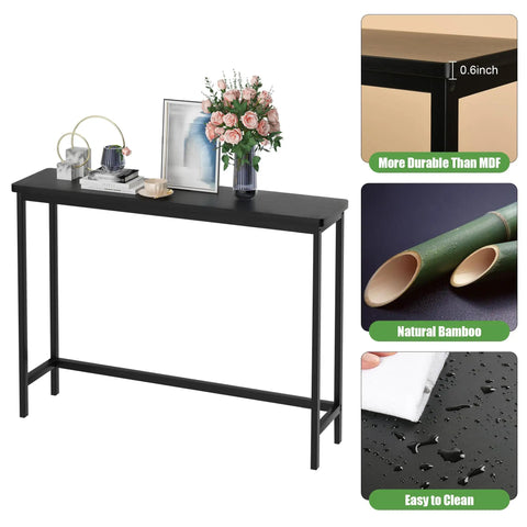 Sleek 39 Inch Console Table For Hallways And Living Rooms In Black Bamboo Finish, featuring modern design and minimal storage.