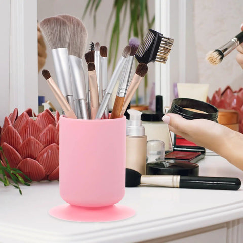 Silicone Pen Holder With Suction Cup Pink Desk Organizer For Pens And Makeup Brushes Multipurpose Storage Tray