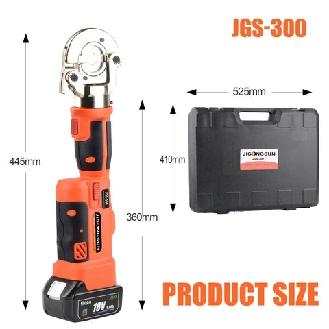 Rechargeable Electric Hydraulic Crimping Tool Delivers Rock Solid 12 Ton Force For Crushing 8 Awg To 600 Mcm Copper And Aluminum Cables With A Pro Grade Set Of Twelve Dies showing size dimensions with case.
