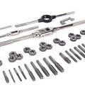 Alt Tag: Fractional Tap And Die Set In Carbon Steel 58 Piece Tool Kit For Hand Threading In Metalworking Auto Shop Maintenance And Construction With Heat Treated Precision Cut Threads For Consistent Results.