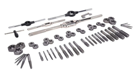 Alt Tag: Fractional Tap And Die Set In Carbon Steel 58 Piece Tool Kit For Hand Threading In Metalworking Auto Shop Maintenance And Construction With Heat Treated Precision Cut Threads For Consistent Results.