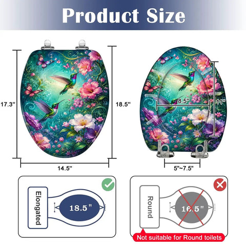 Elongated Vibrant Hummingbirds Butterflies Chinoiserie Toilet Seat dimensions, showcasing size details for ideal fitting.