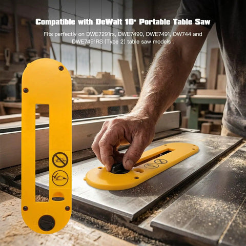 Dado Table Saw Insert Plate Replacement For Dewalt 10 Inch Job Site Saws shown installed on work table, close-up angle
