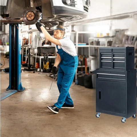 Heavy Duty Metal Rolling Tool Cart With Drawers For Power Tools And Workshop Organization Black On Wheels Large Garage Storage Cabinet With Four Rugged Wheels shown in a garage workshop setting.