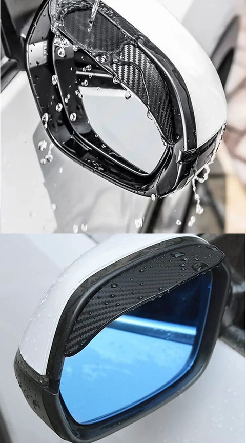 Universal Fit Side Mirror Rain Guards Eyebrow Visor Shields 2 Pack Easy Peel And Stick ABS Plastic Covers installed on car mirror