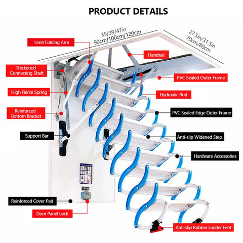 Heavy Duty Electric Attic Ceiling Ladder With Telescopic Stairs And Non Slip Folding Steps diagram showing features and components.