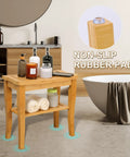 19 Inch Bamboo Shower Bench With Storage Shelf, 2 Tier Wooden Spa Seat For Small Bathrooms, Non Slip, Beige Finish in bathroom