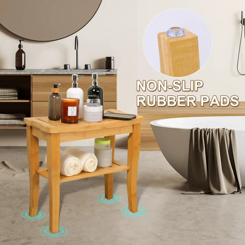 19 Inch Bamboo Shower Bench With Storage Shelf, 2 Tier Wooden Spa Seat For Small Bathrooms, Non Slip, Beige Finish in bathroom