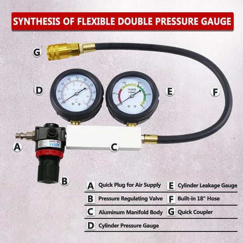 Front view of cylinder leak-down tester kit with aluminum manifold, dual gauges, red regulator, and 18-inch hose.