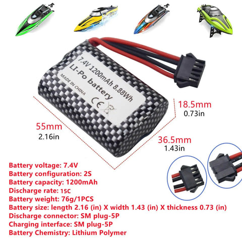 Two Pack 7.4V 1200mAh Lithium Ion Battery With USB Charging Cable For R206 R208 R308 TX122 TX123 H106 2008 V003 RC