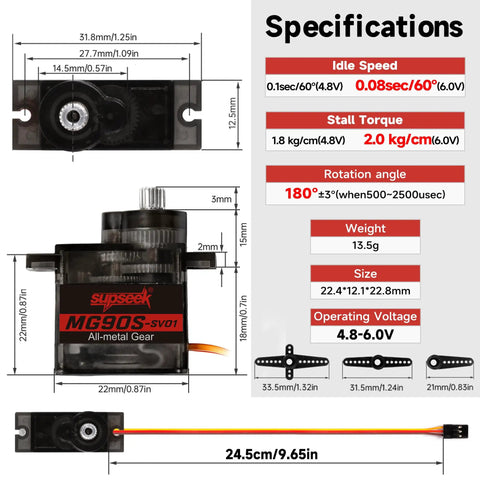 Specifications of 9G Micro Servo Motor Kit with Metal Gears, High Torque 2.0 Kg Cm, Fast 0.08 Sec Per 60 Degrees, 180 Degree Rotation, 4 Pack