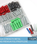 142 Piece Drywall Anchors And Screws Kit With 5 Different Sizes For Lightweight Mounting In Drywall Gypsum Board Lime Chipboard And Wood Ideal For Shelves Hangers Pictures Mirrors And Other DIY Fixings displayed with various colors in a plastic organizer.