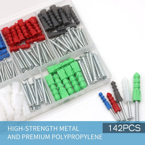 142 Piece Drywall Anchors And Screws Kit With 5 Different Sizes For Lightweight Mounting In Drywall Gypsum Board Lime Chipboard And Wood Ideal For Shelves Hangers Pictures Mirrors And Other DIY Fixings displayed with various colors in a plastic organizer.