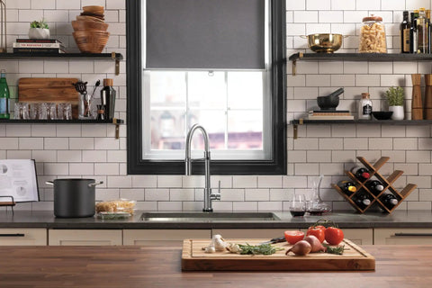 Kitchen with sleek faucet and organized shelves, ideal for VoiceIQ Activation Module for Touch2O Kitchen Faucets Compatible use.