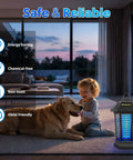 Outdoor Bug Zapper And Mosquito Killer For Patio And Backyard, 4200V Electric Fly Trap with Blue Violet Light next to child and dog indoors