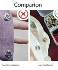 Comparison of installed snap buttons; left shows difficult installation, right shows easy installation with Must Have 200 Set Metal Snap Button Kit With 9.5mm Snaps And Fastener Pliers Press Tool, 800 Pieces, Mixed Colors, Perfect For DIY Crafts, Clothing, Hats, Sewing, And Fabric Projects.