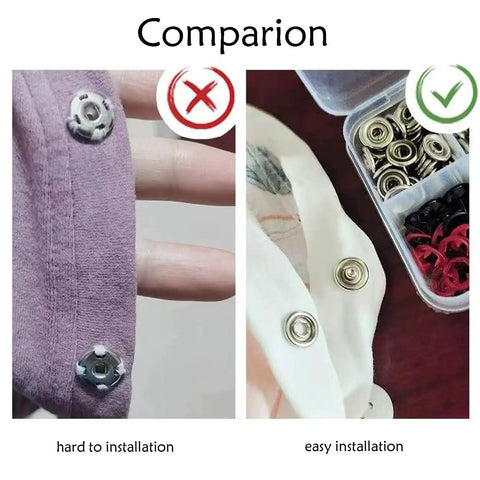 Comparison of installed snap buttons; left shows difficult installation, right shows easy installation with Must Have 200 Set Metal Snap Button Kit With 9.5mm Snaps And Fastener Pliers Press Tool, 800 Pieces, Mixed Colors, Perfect For DIY Crafts, Clothing, Hats, Sewing, And Fabric Projects.