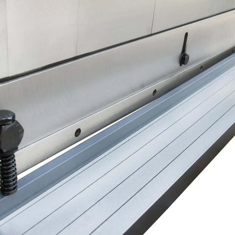 Close-up view of the 3 In 1 Sheet Metal Cutter, Brake And Slip Roll For 30 Inch 20 Gauge Fabrication showing back gauge and segment fingers.