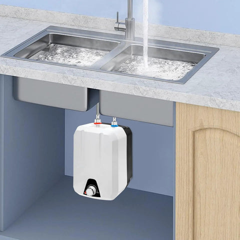 Compact Tankless Water Heater Under Sink For Kitchen Serving Up Right Quick Hot Water With Slick Temp Dial And Snappy 1500W Coil For Hassle Free Washing installed under a kitchen sink with dual basins.