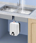 Wall Mounted Electric Mini Tank Water Heater 1.59 Gallon 1500 Watt 110 Volt under kitchen sink providing instant hot water.