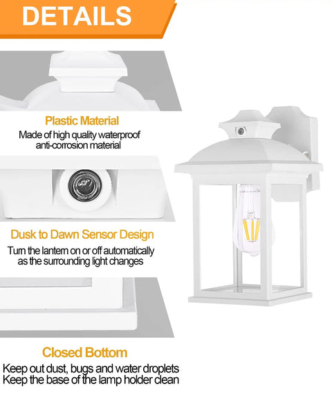 Dusk To Dawn Outdoor Wall Lantern With Sensor Waterproof Porch Light Easy Install Fixture E26 Socket 3000K LED Edison Filament Bulb Included Anti Corrosion White Plastic Frame Weatherproof Sconce For Patio Driveway