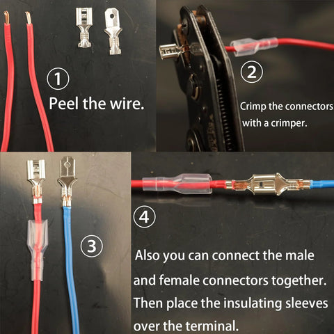 540-piece spade terminal kit with insulated sleeves and red/blue wires; 2.8/4.8/6.3 mm male/female crimp terminals.