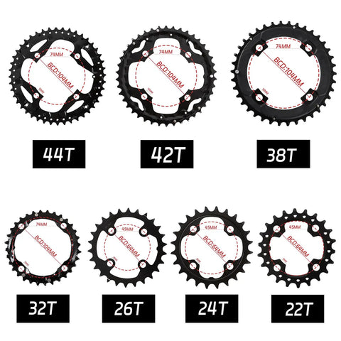 64 104 BCD Bike Chainring Set With Pin Steel CNC Alloy Double And Triple Trail Ready MTB Chainrings 22T to 44T sizes shown