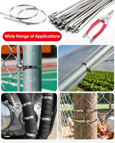 52-Piece 304 Stainless Steel Zip Tie Kit With Unlock Tool And Industrial Scissors, 11.8 Inch Self-Locking Cable Ties in use.