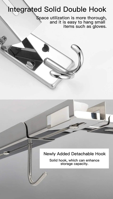 Stainless Steel Microwave Wall Mount Bracket With Telescopic Arm And Fixing Kit showing double hook detail.