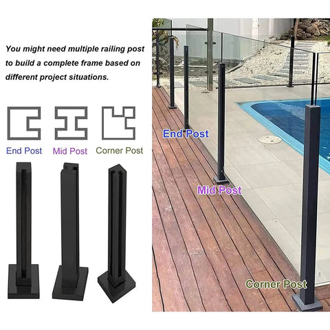 Matte Black Glass Railing System With Durable Stainless Steel Balustrade and Glass Panels for Indoor and Outdoor Use, showcasing end, mid, and corner posts.