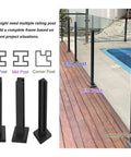 Sleek Matte Black Glass Railing Posts With Heavy Duty Stainless Steel Cores For Indoor Outdoor Decks Balconies And Pools showcasing end, mid, and corner posts.
