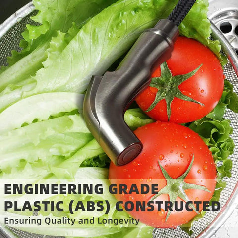 Alt Tag: Universal Kitchen Sink Sprayer Replacement With Hose And Holder, Brushed Nickel Spray Head on Vegetables