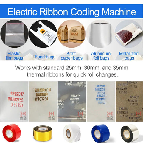 Electric Automatic Ribbon Coding Machine For Hot Stamping Production Dates And Batch Numbers On Plastic Film Soft Packaging High Speed Labeling Equipment with various packaging types.