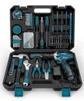 206-Piece Cordless Drill And Tool Kit With LED Light open showing tools, screwdriver set, pliers, wrenches in portable case