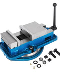 Heavy Duty Six Inch Milling Vise With Swivel Base And Tough As Nails Jaw Clamp For CNC Mill Lockdown Bulletproof Stability Shop Floor Essential Tool, blue iron frame with flat jaws, 360 swivel base.