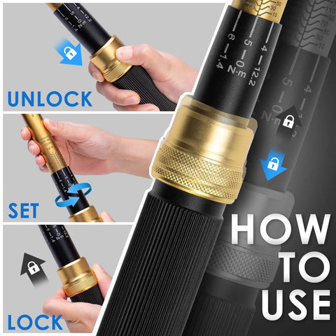 How to use the Twenty Two Piece Torque Wrench Set Half Inch Drive Ten To One Hundred Eighty Foot Pounds And Thirteen Point Six To Two Hundred Forty Four Point One Nm with images showing unlock, set, lock positions.