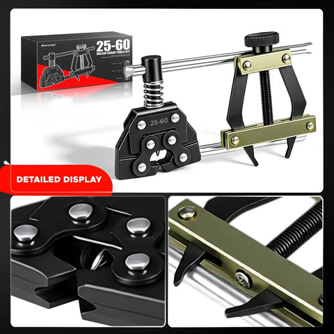 Beefy All In One Chain Breaker Tool Kit For Bikes And Motorcycles Includes Holder Puller And Cutter Carbon Steel Construction Fits Roller Chains Sizes 25 To 60 Heavy Duty Multi Vehicle Chain Tool images showing components