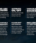 Auto Darkening Welding Helmet With ClearLight Optics features such as two arc sensors, automatic on/off, and variable shades.
