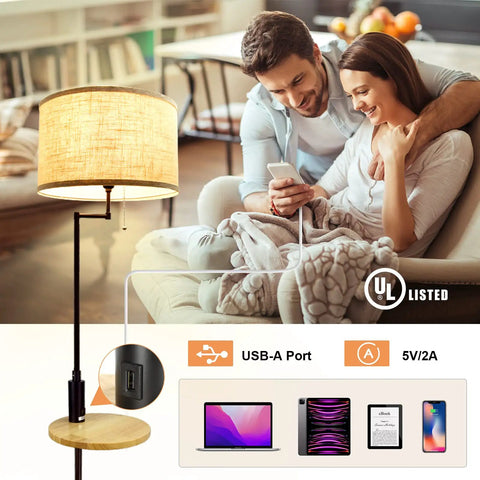 Couple on couch next to lamp with USB port and tech specs displayed, includes UL listing and charging compatibility