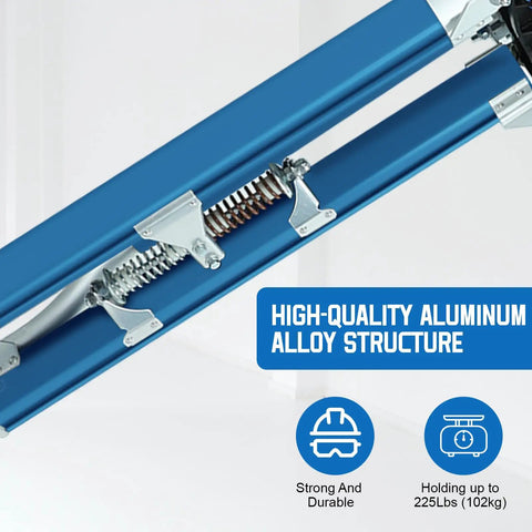 Close-up of blue Adjustable 24 To 40 Inch Aluminum Drywall Stilts showing spring mechanism and high-quality alloy structure.