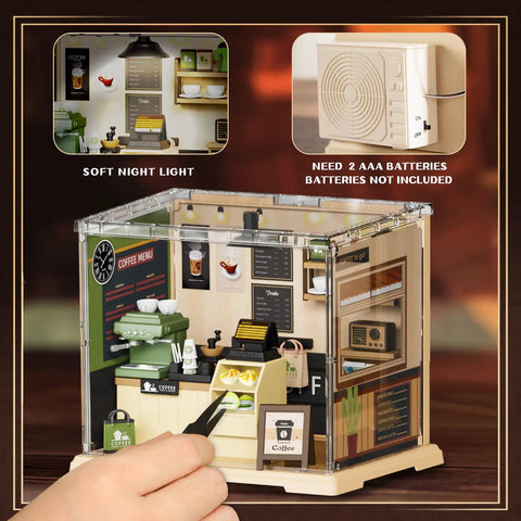 LED Coffee Shop Mini Model Kit for DIY Dollhouse Enthusiasts with cozy cafe interior and soft night light, batteries required