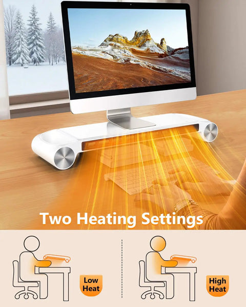 Desk Space Heater 330W 2-In-1 Desk Top Heater And Monitor Stand With USB Charging Port, white, heats hands, desk view